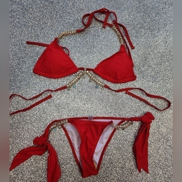 RED JEWELED TYE UP  BIKINI SIZE MED - Picture 6 of 6